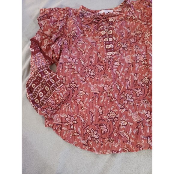 Loft Womens Peasant Blouse  Size Large Bohemian floral tie collar Rust - Picture 4 of 8